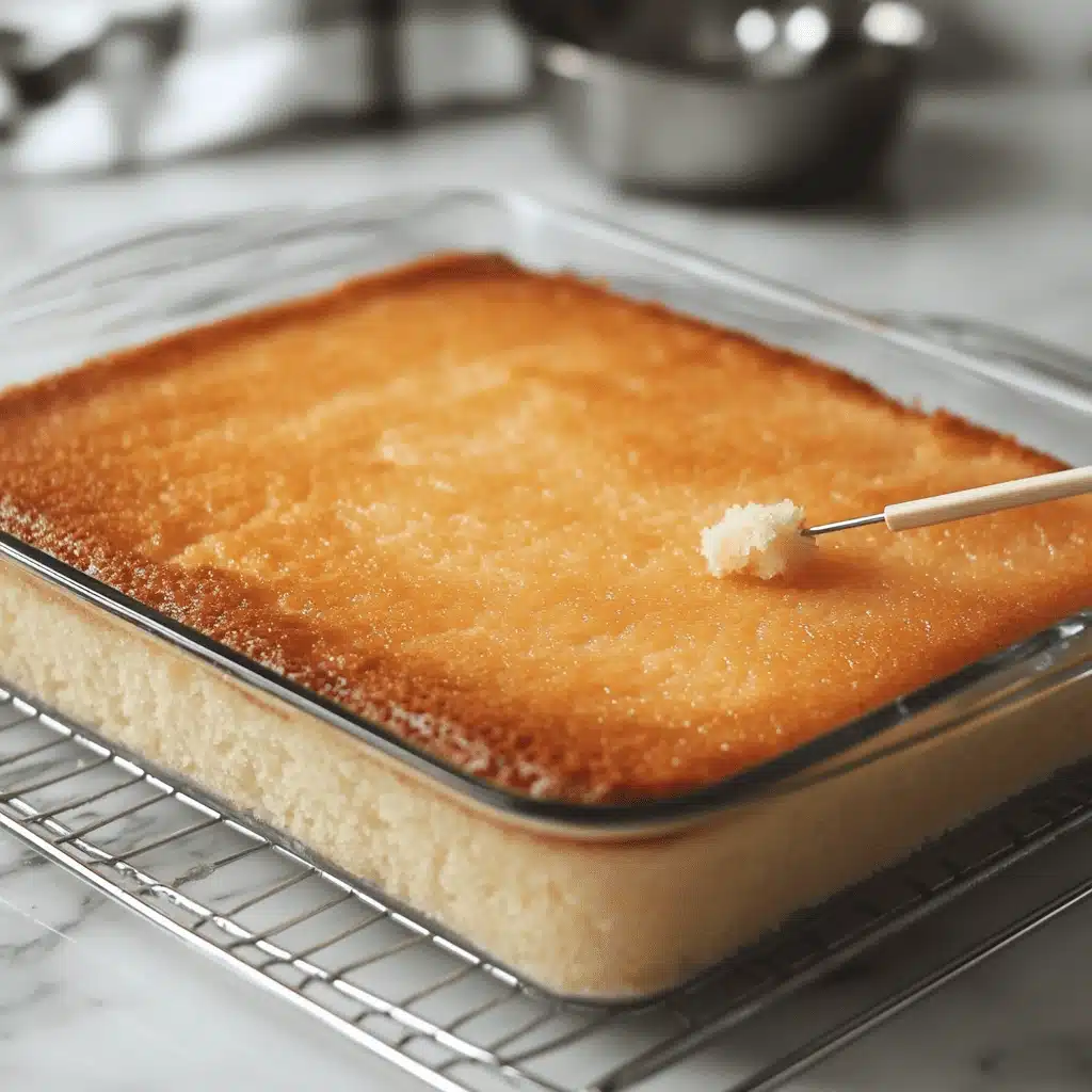 Baked white cake base for Raspberry Zinger Poke Cake