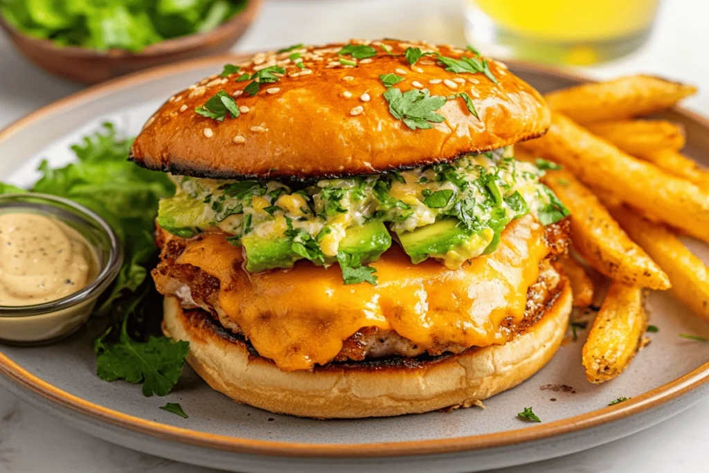 Smashed chicken burger with cheddar and avocado salad on brioche bun