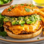 Smashed chicken burger with cheddar and avocado salad on brioche bun