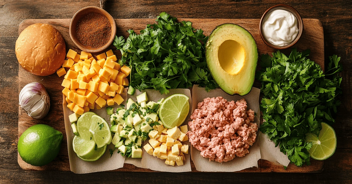  Ingredients for smashed chicken burgers arranged on board