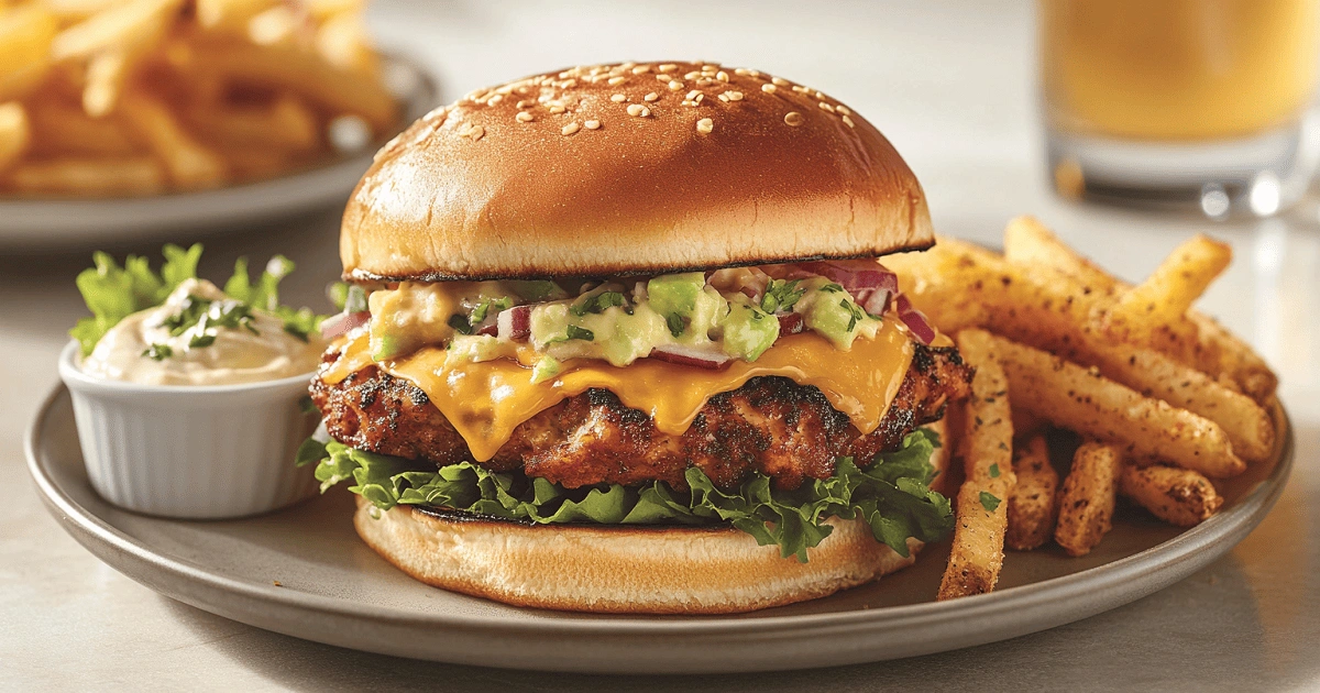 Served smashed chicken burger with fries and salad