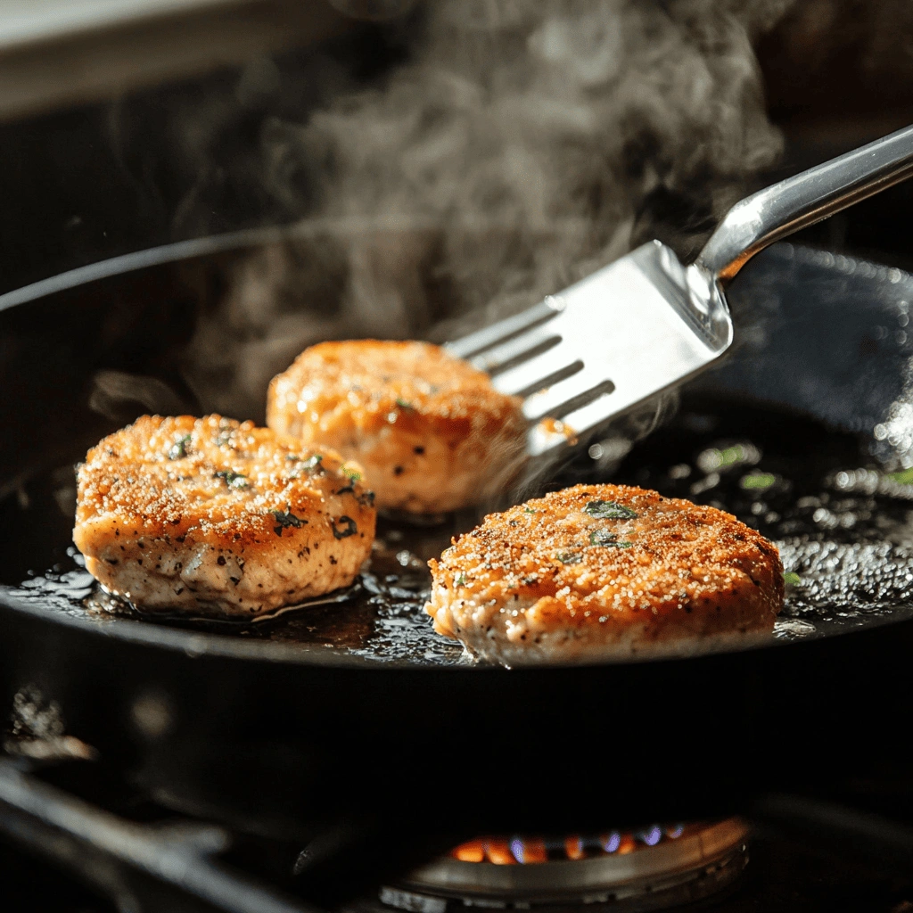 Smashing chicken patties on skillet for crispy burgers