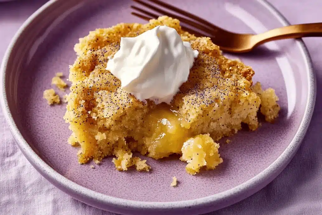 Plated serving of lemon dump cake with poppy seeds topped with whipped cream on a pastel purple plate