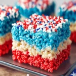 Close-up of 4th of July Rice Krispies Treats with red, white, and blue layers