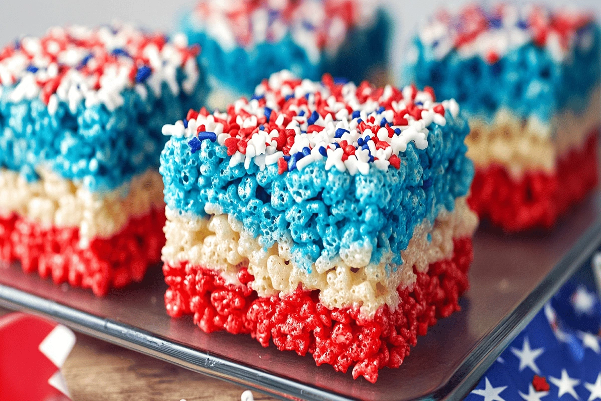 Close-up of 4th of July Rice Krispies Treats with red, white, and blue layers