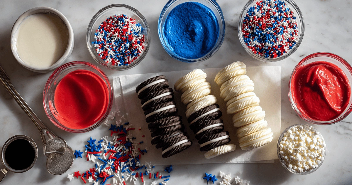 Ingredients and toppings for 4th of July Chocolate Covered Oreos including red, white, and blue candy melts, sprinkles, and Oreo cookies