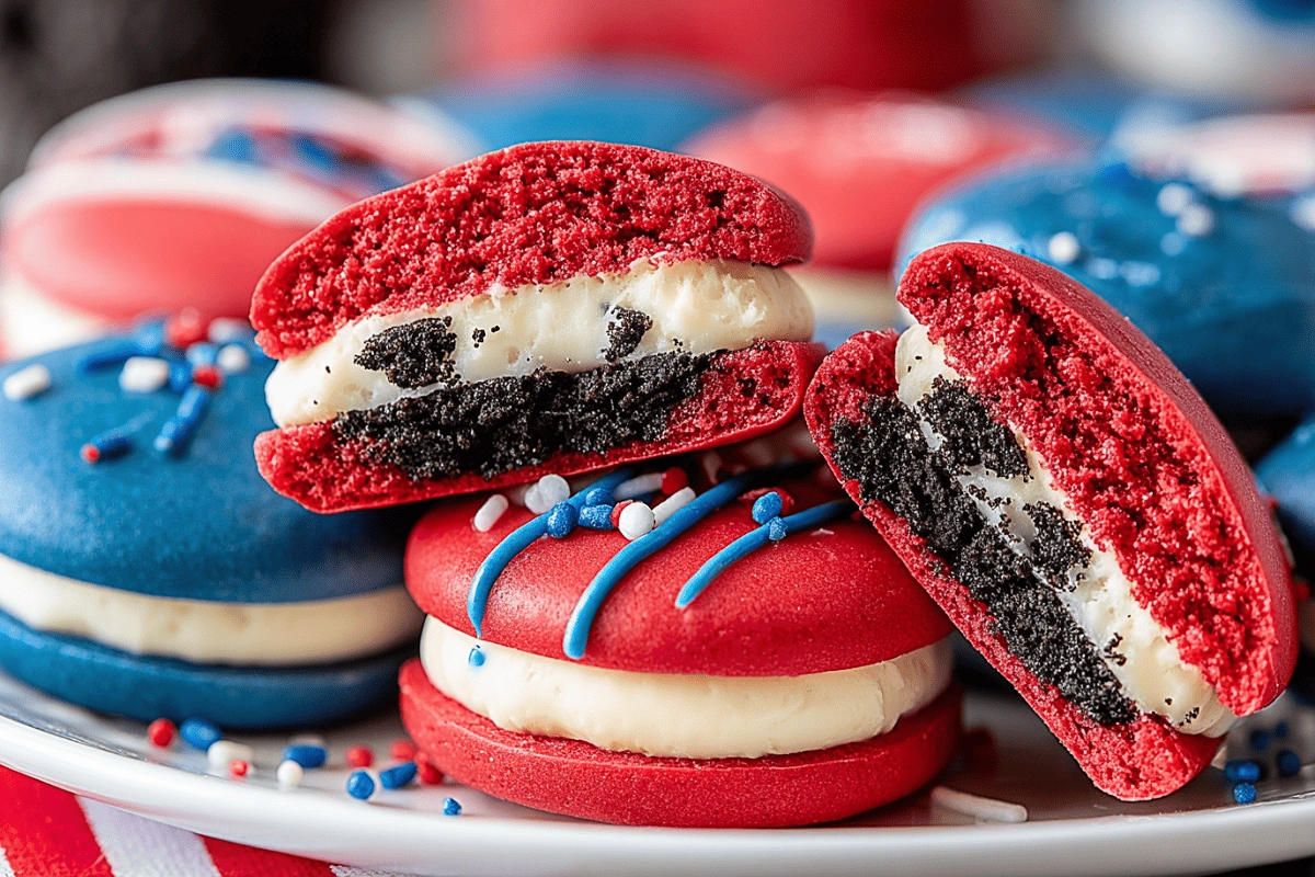 4th of July Chocolate Covered Oreos on festive dessert table