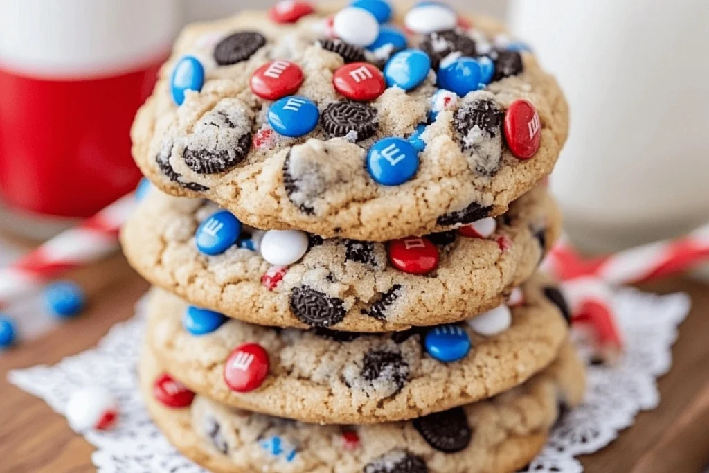 4th of July Fireworks Cookies stacked with red, white, and blue M&M's and mini Oreos