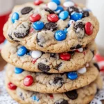 4th of July Fireworks Cookies stacked with red, white, and blue M&M's and mini Oreos