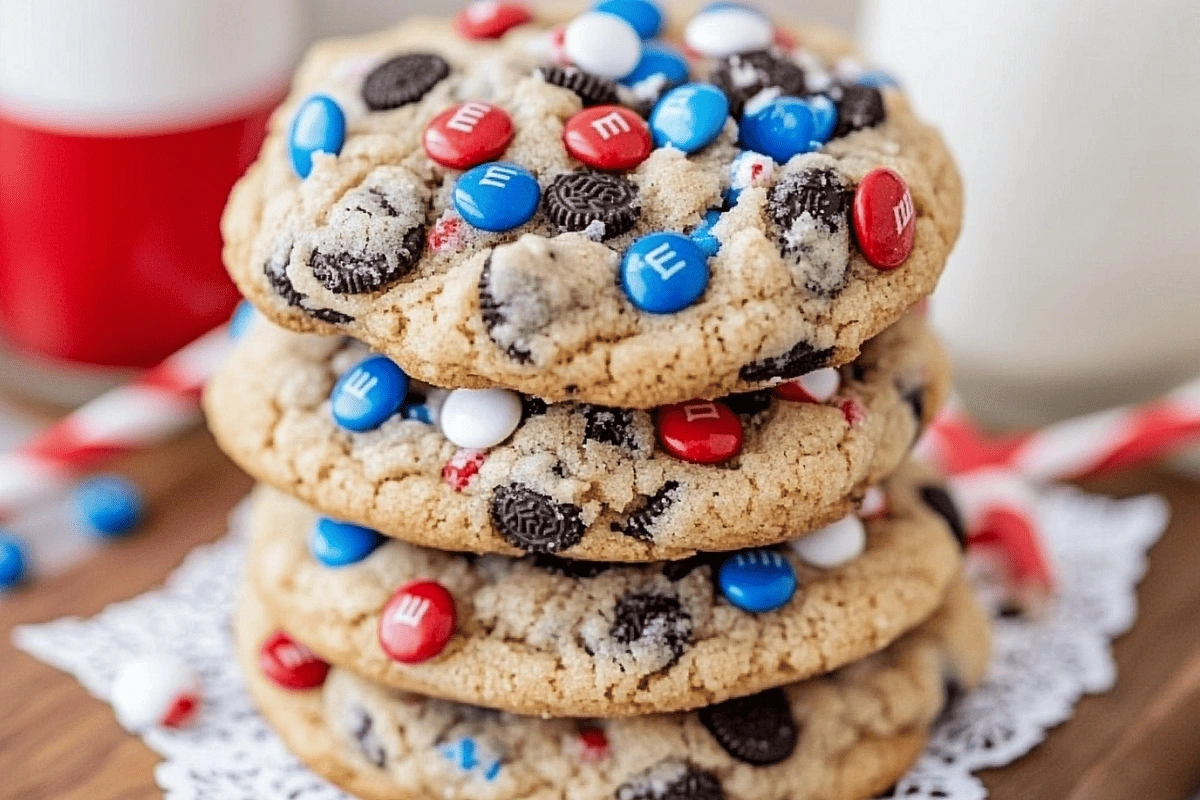 4th of July Fireworks Cookies stacked with red, white, and blue M&M's and mini Oreos