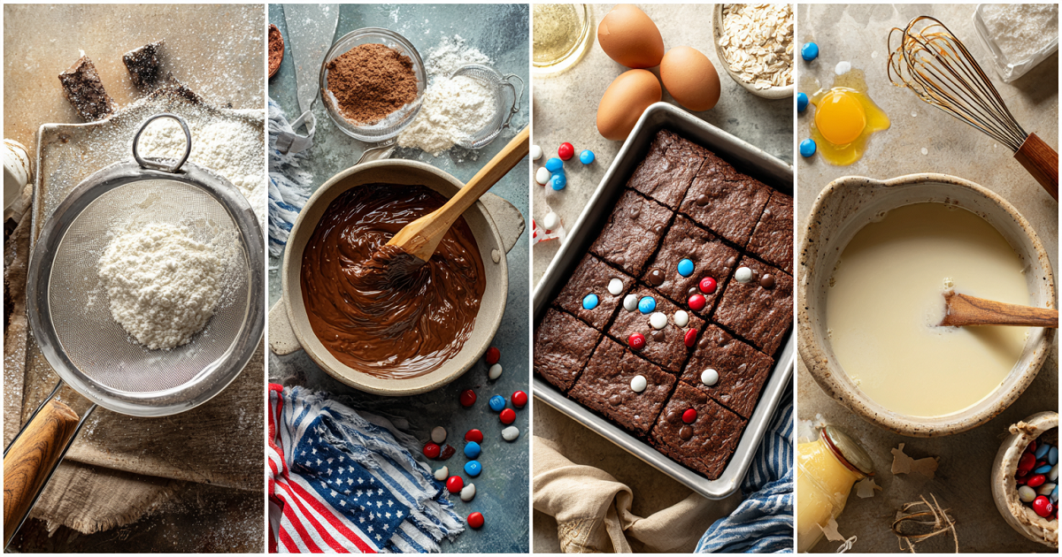4th of July gooey brownie baking process with flour sifting, chocolate mixing, patriotic M&M topping, and cooling brownies
