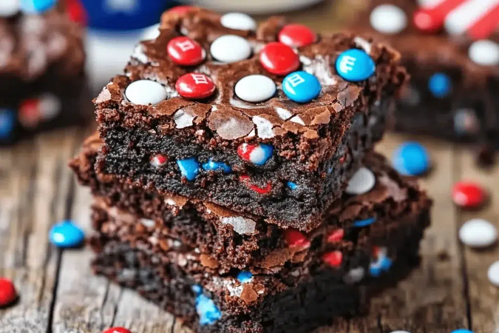 4th of July gooey brownies with patriotic M&M toppings