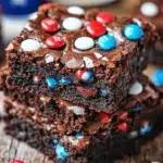 4th of July gooey brownies with patriotic M&M toppings