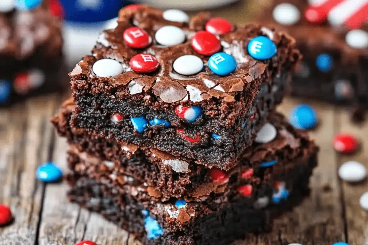4th of July gooey brownies with patriotic M&M toppings