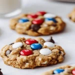 4th of July Monster Cookies with red, white, and blue M&Ms on parchment