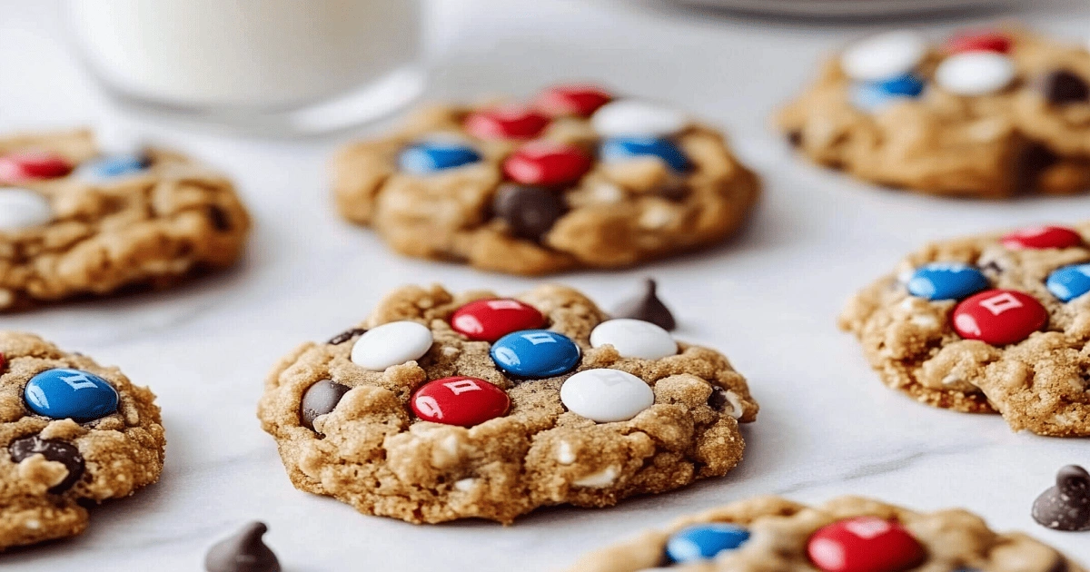 4th of July Monster Cookies with red, white, and blue M&Ms on parchment