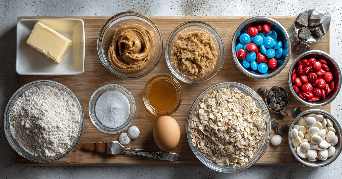 Ingredients for 4th of July Monster Cookies including butter, oats, peanut butter, sugar, M&Ms, and chocolate chips