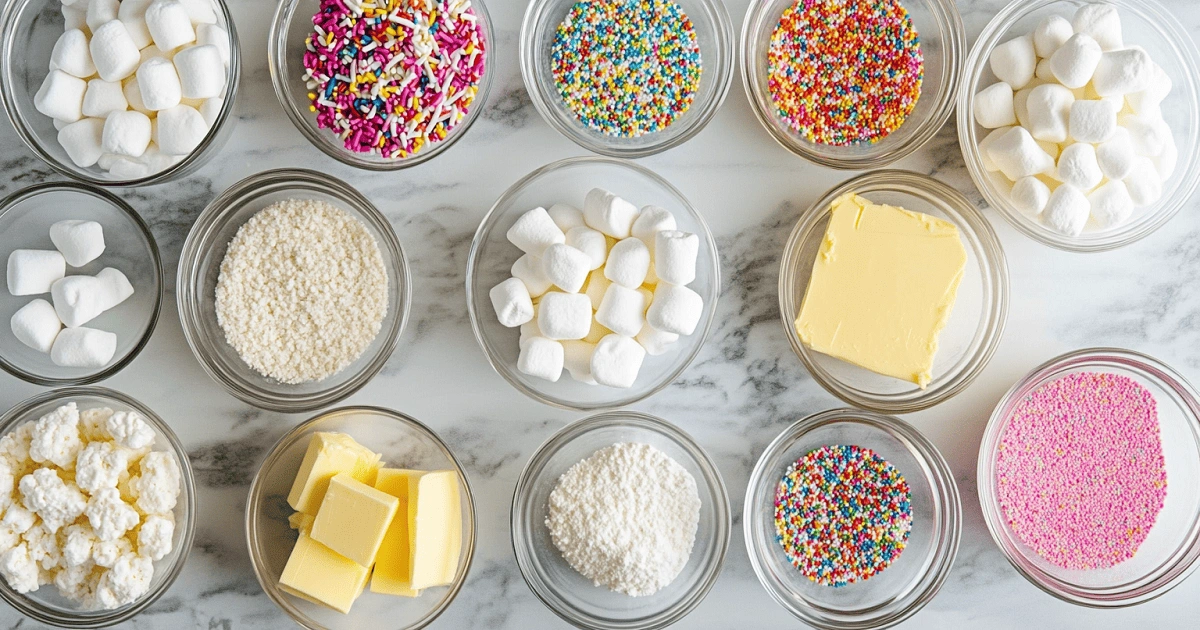 Ingredients for 4th of July Rice Krispies Treats laid out on a counter