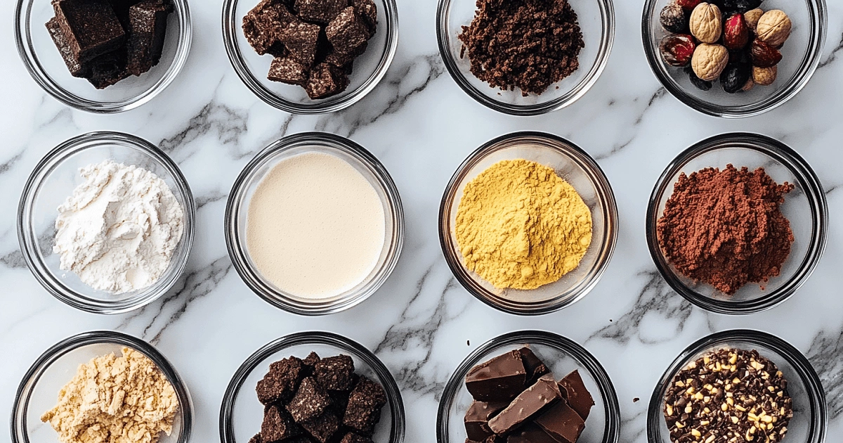 brownie bread ingredients in bowls on kitchen counter