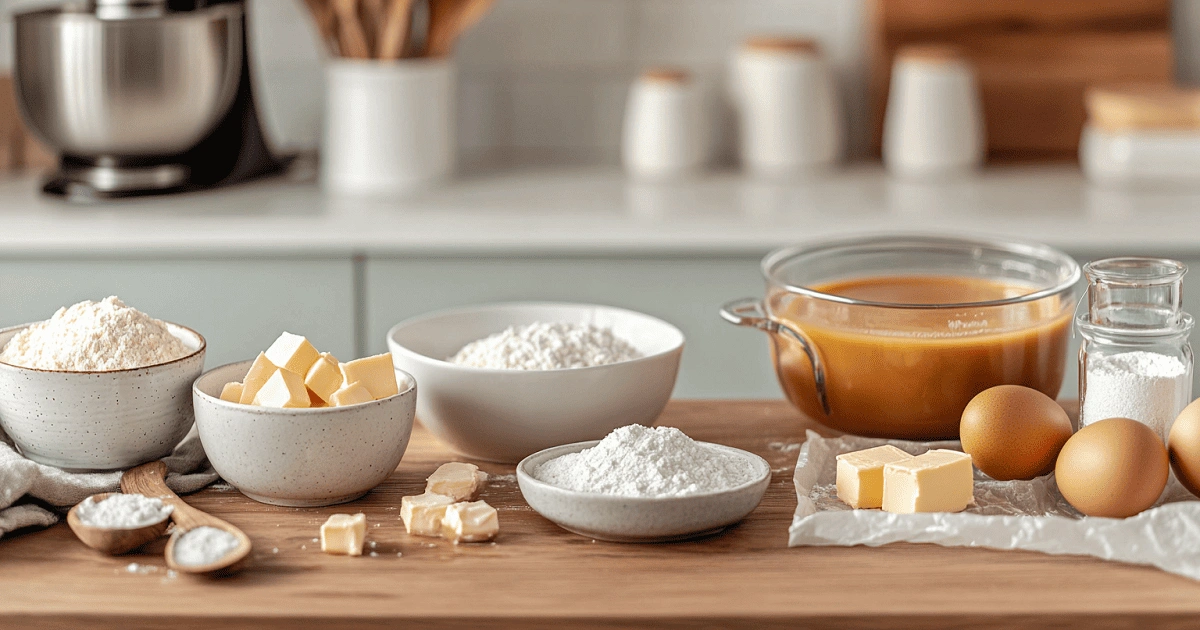Ingredients for butterscotch crunch cake including sugar, butter, eggs, and butterscotch sauce on a rustic kitchen counter