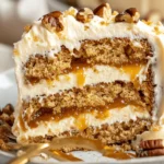 Rich butterscotch crunch cake slice with frosting, gooey sauce, and toffee topping