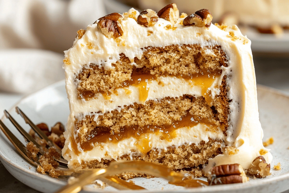 Rich butterscotch crunch cake slice with frosting, gooey sauce, and toffee topping