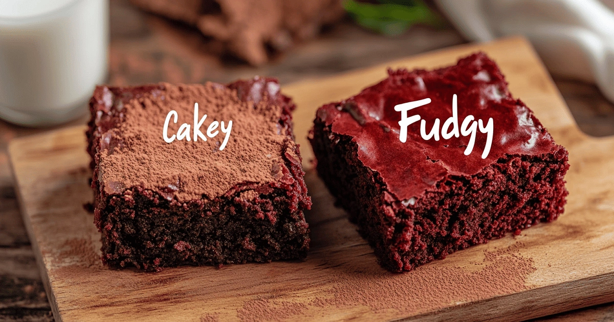 side-by-side comparison of cakey and fudgy red velvet brownies on a wooden board