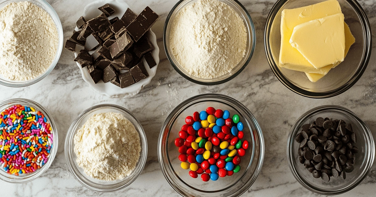 Ingredients for 4th of July Cookie Cake on counter