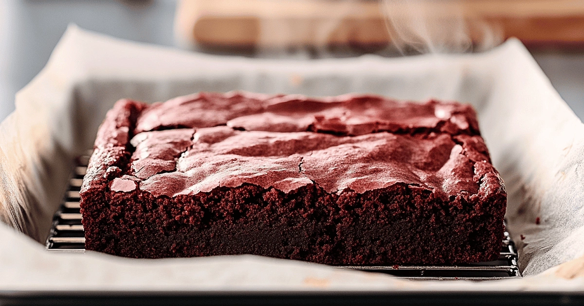 freshly baked red velvet brownie slab cooling in parchment-lined pan
