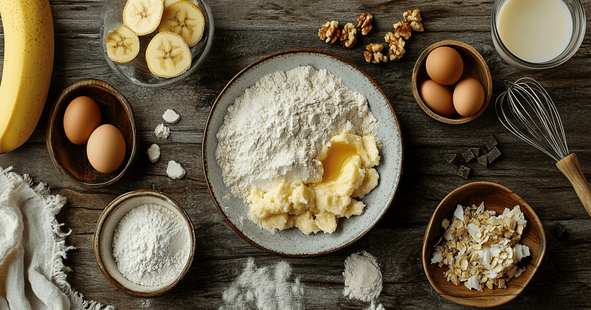 Top-down view of Crazy Banana Cake ingredients including flour, mashed bananas, buttermilk, eggs, and baking tools