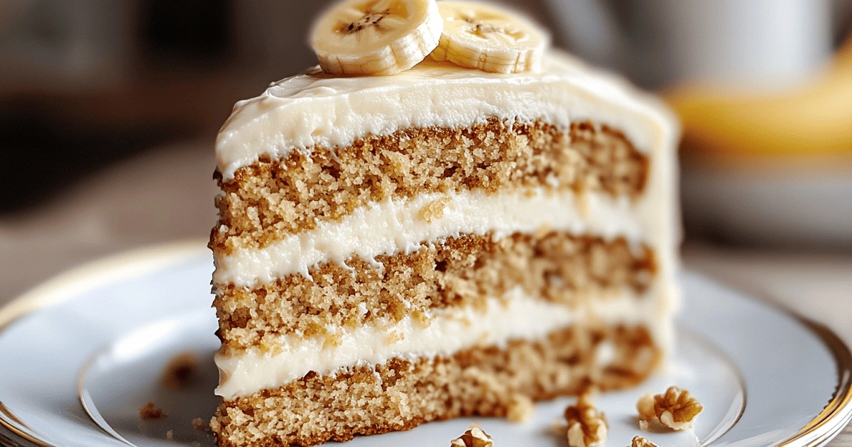 Slice of Crazy Banana Cake with cream cheese frosting and banana topping on white and gold dessert plate