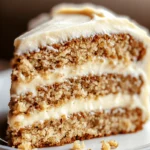 Slice of moist crazy banana cake with cream cheese frosting on a white dessert plate