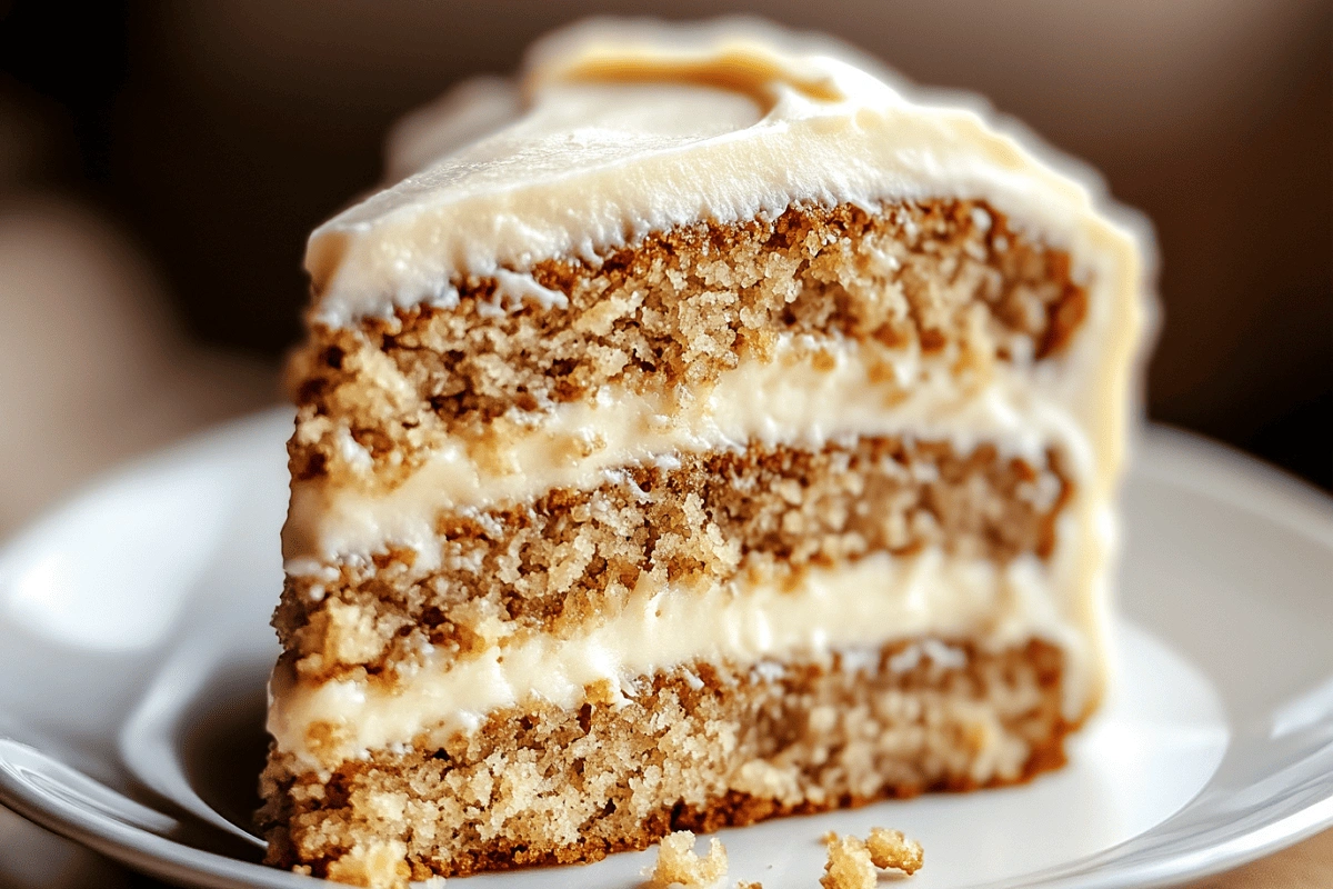 Slice of moist crazy banana cake with cream cheese frosting on a white dessert plate