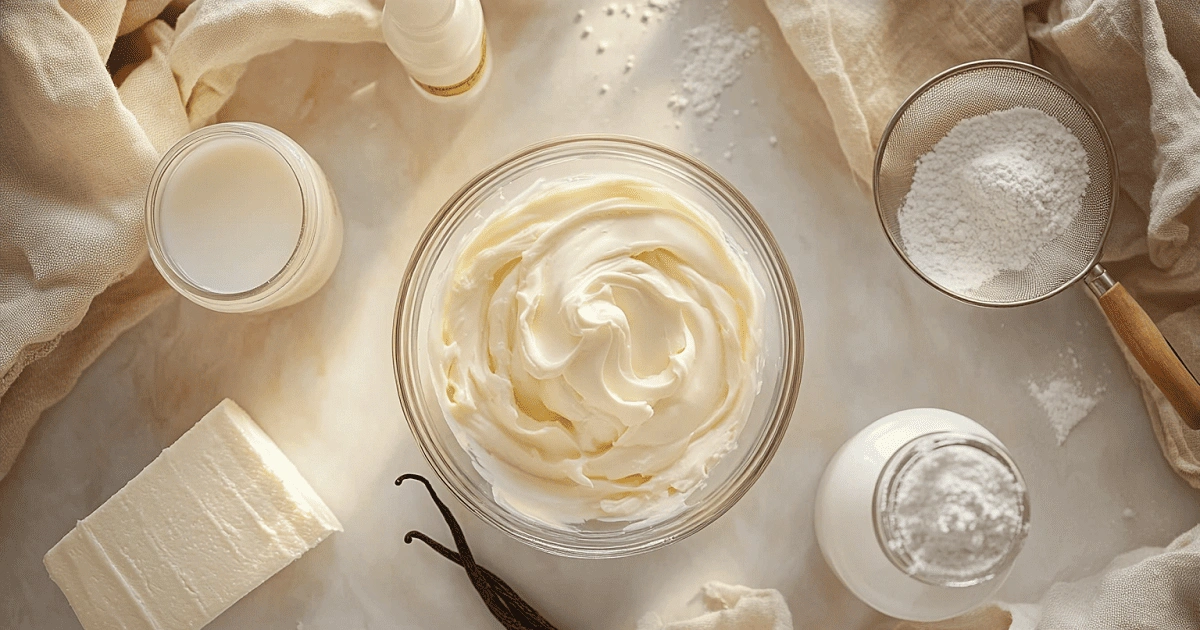 smooth cream cheese drizzle in a glass bowl surrounded by baking ingredients