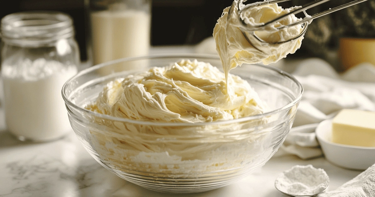 Cream cheese frosting whipped in a glass bowl with electric mixer on marble kitchen counter