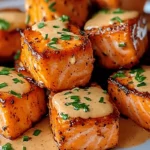 Crispy Bang Bang Salmon Bites served on a white ceramic plate with spicy sauce and herb garnish