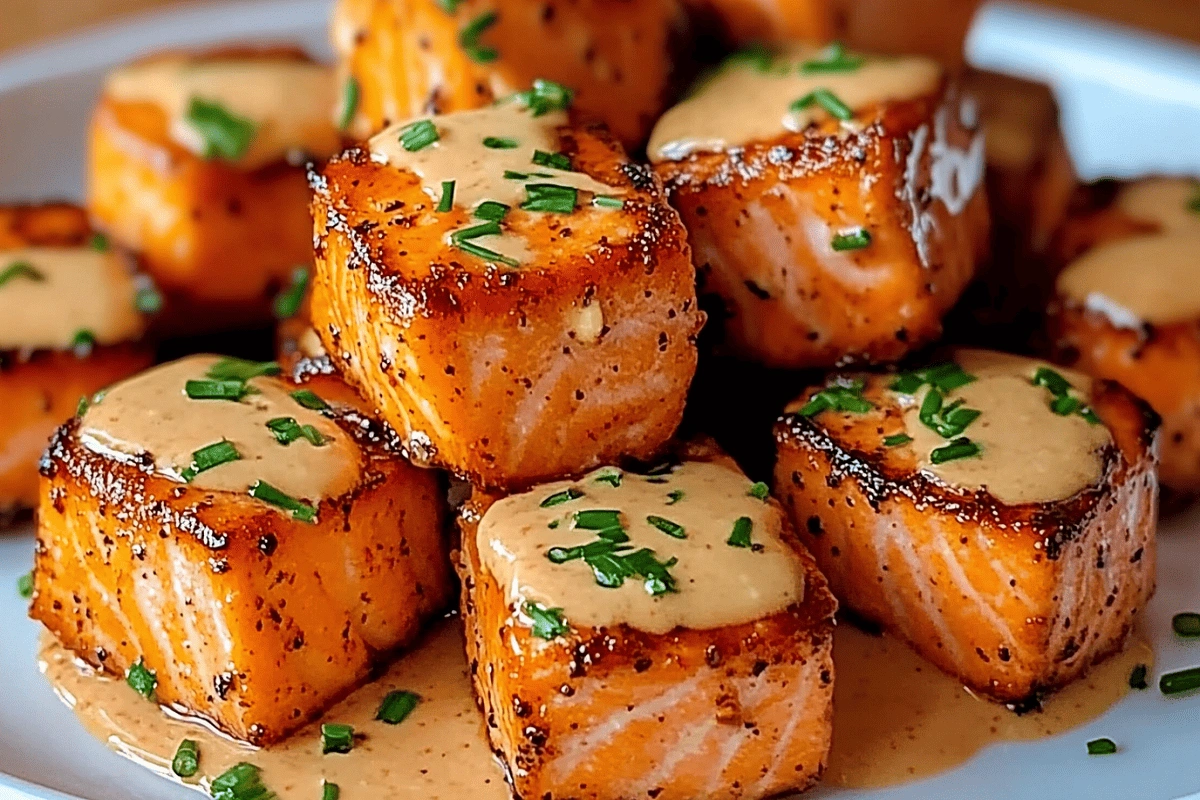 Crispy Bang Bang Salmon Bites served on a white ceramic plate with spicy sauce and herb garnish