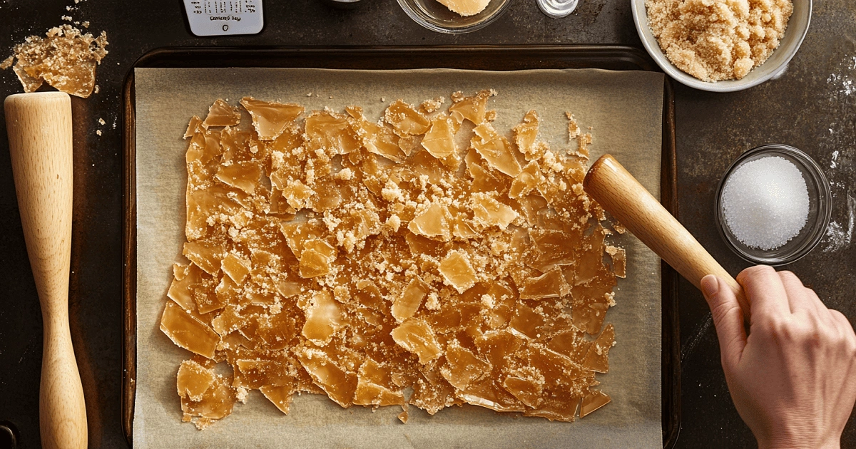 Hand crushing homemade brown sugar toffee into crunchy pieces for cake topping