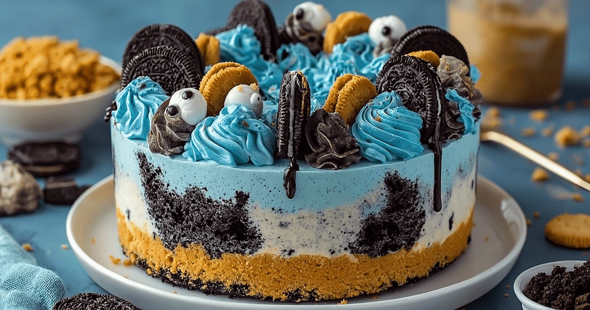 decorated delicious cookie monster cheesecake for party
