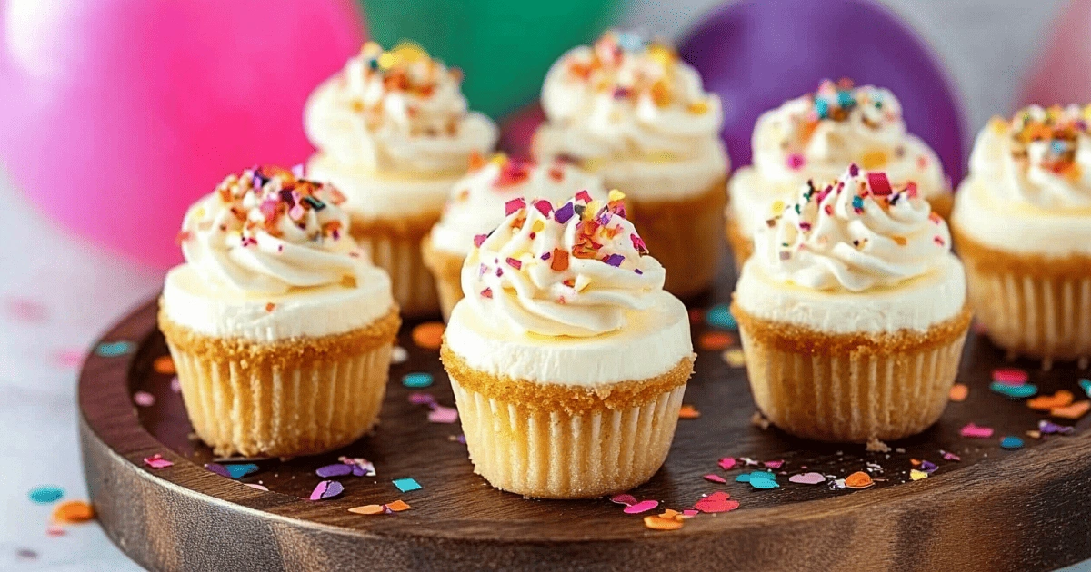 Decorated Mini Funfetti Cheesecakes topped with whipped cream and colorful sprinkles on a party tray