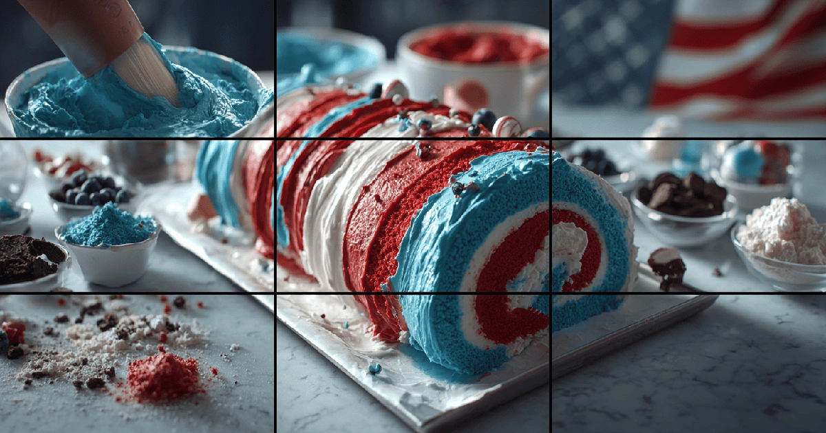 Decorating Red White & Blue Oreo Cake Roll Explosion with whipped cream, blue frosting, crushed Oreos, and patriotic toppings