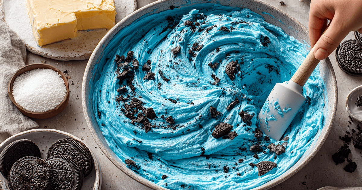 vibrant blue cookie monster cheesecake batter with crushed Oreos in a mixing bowl and ingredients on a rustic counter