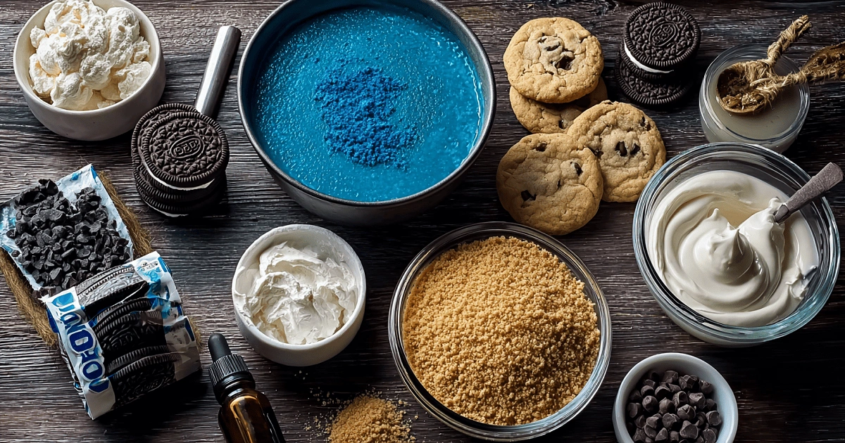 flat lay of delicious cookie monster cheesecake ingredients including blue food coloring, Oreos, cream cheese, cookies, and toppings