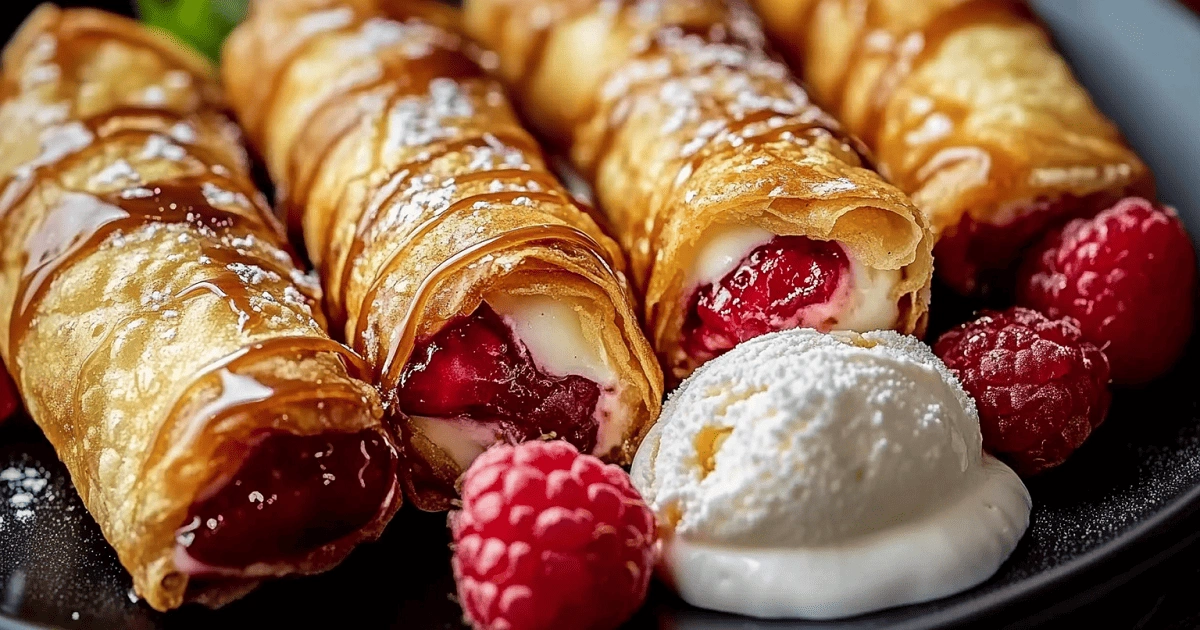 Plated strawberry cheesecake stuffed eggrolls with chocolate drizzle and vanilla ice cream
