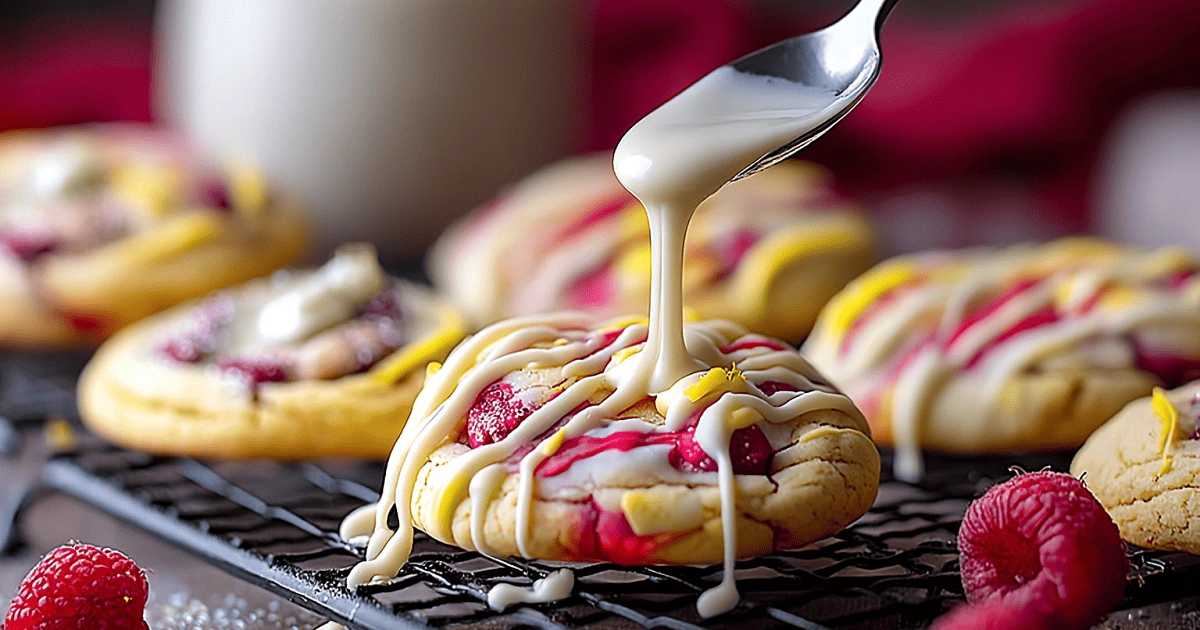 White chocolate drizzle on lemon raspberry cookies