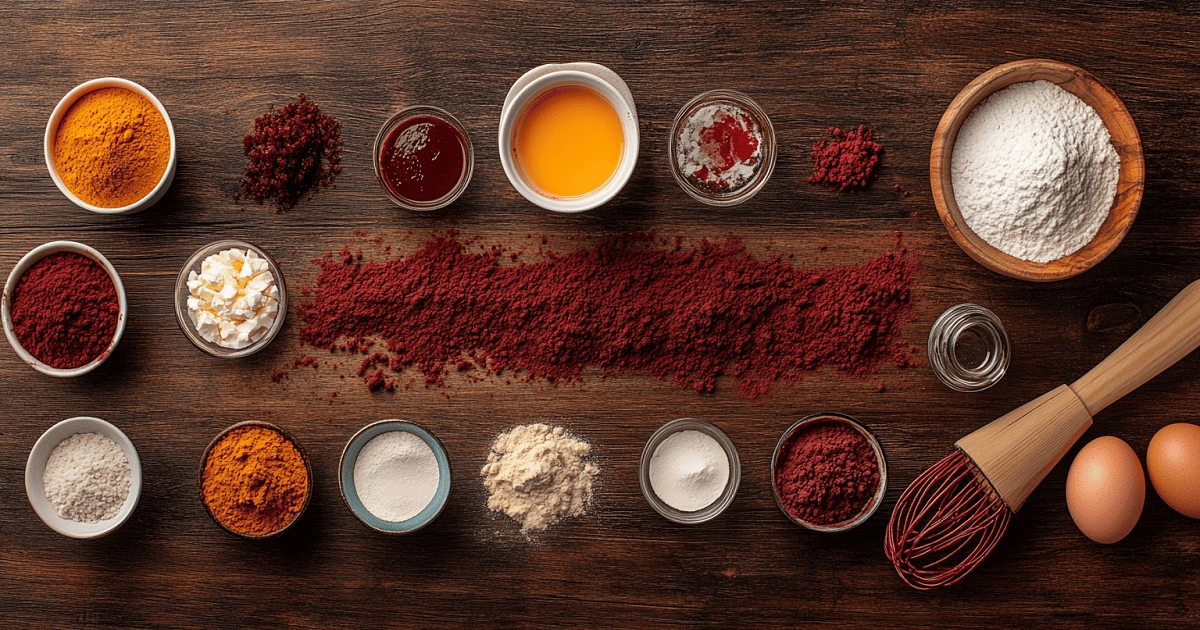 ingredients for fudgy red velvet brownies including cocoa, flour, eggs, and food coloring