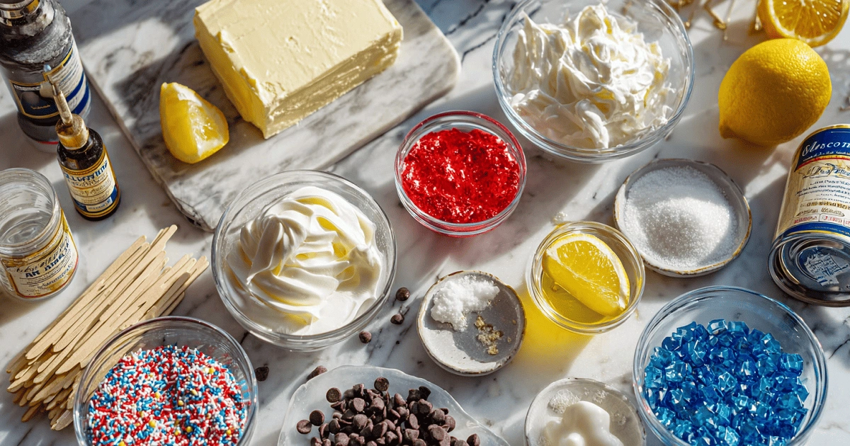 Overhead image of decorating ingredients for Fourth of July Cheesecake Pops including chocolate chips, sprinkles, candy melts, lemon, and vanilla extract
