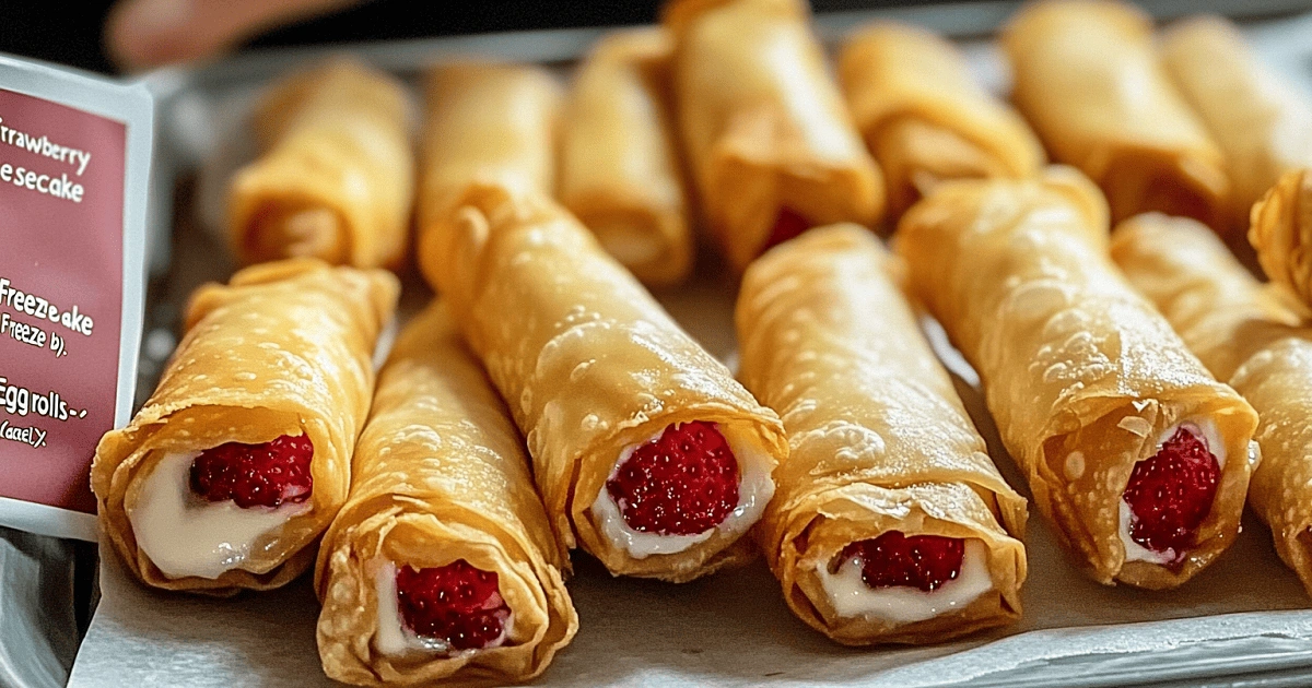 Uncooked strawberry cheesecake stuffed eggrolls prepped for freezing on a baking sheet
