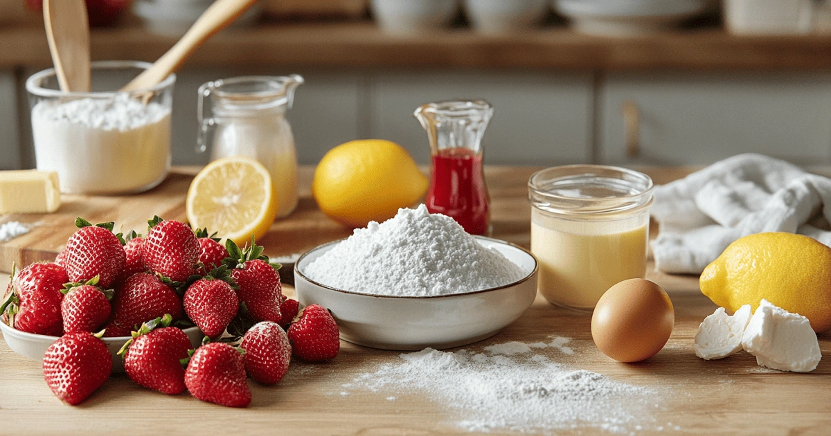 Ingredients for strawberry cheesecake stuffed eggrolls arranged on a rustic kitchen counter