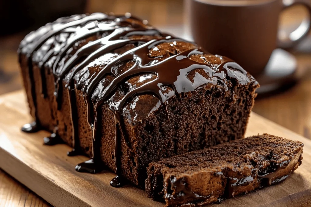 gooey chocolate brownie bread loaf with chocolate drizzle